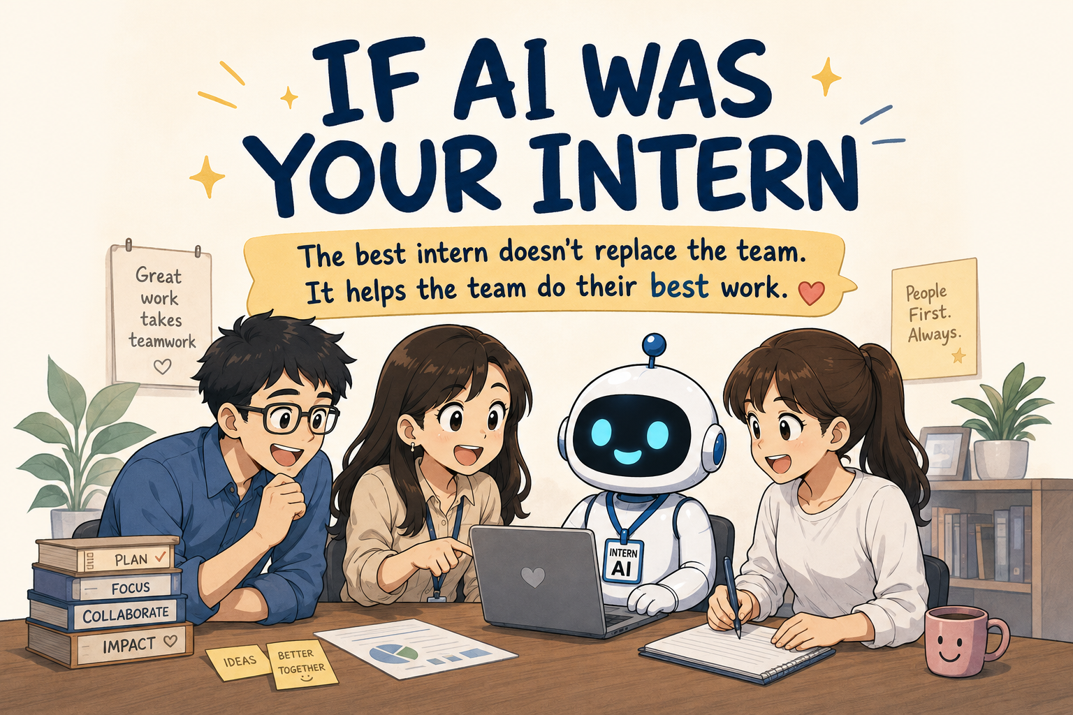 Illustration of three colleagues gathered around a smiling AI robot intern working on a laptop. The title reads "IF AI Was Your Intern", with the message: "The best intern doesn't replace the team. It helps the team do their best work."